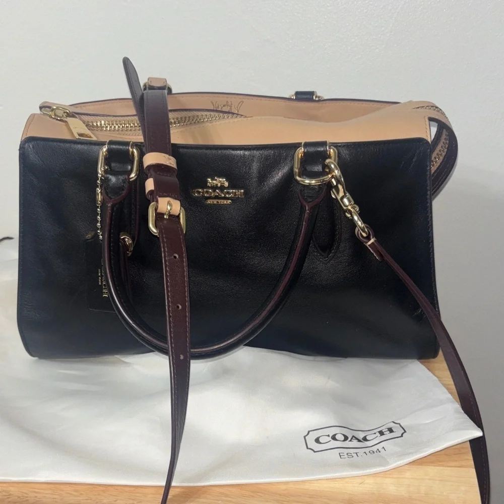 Coach X Selena Gomez Colorblock Satchel Crossbody Bag Purse Leather Black Tan